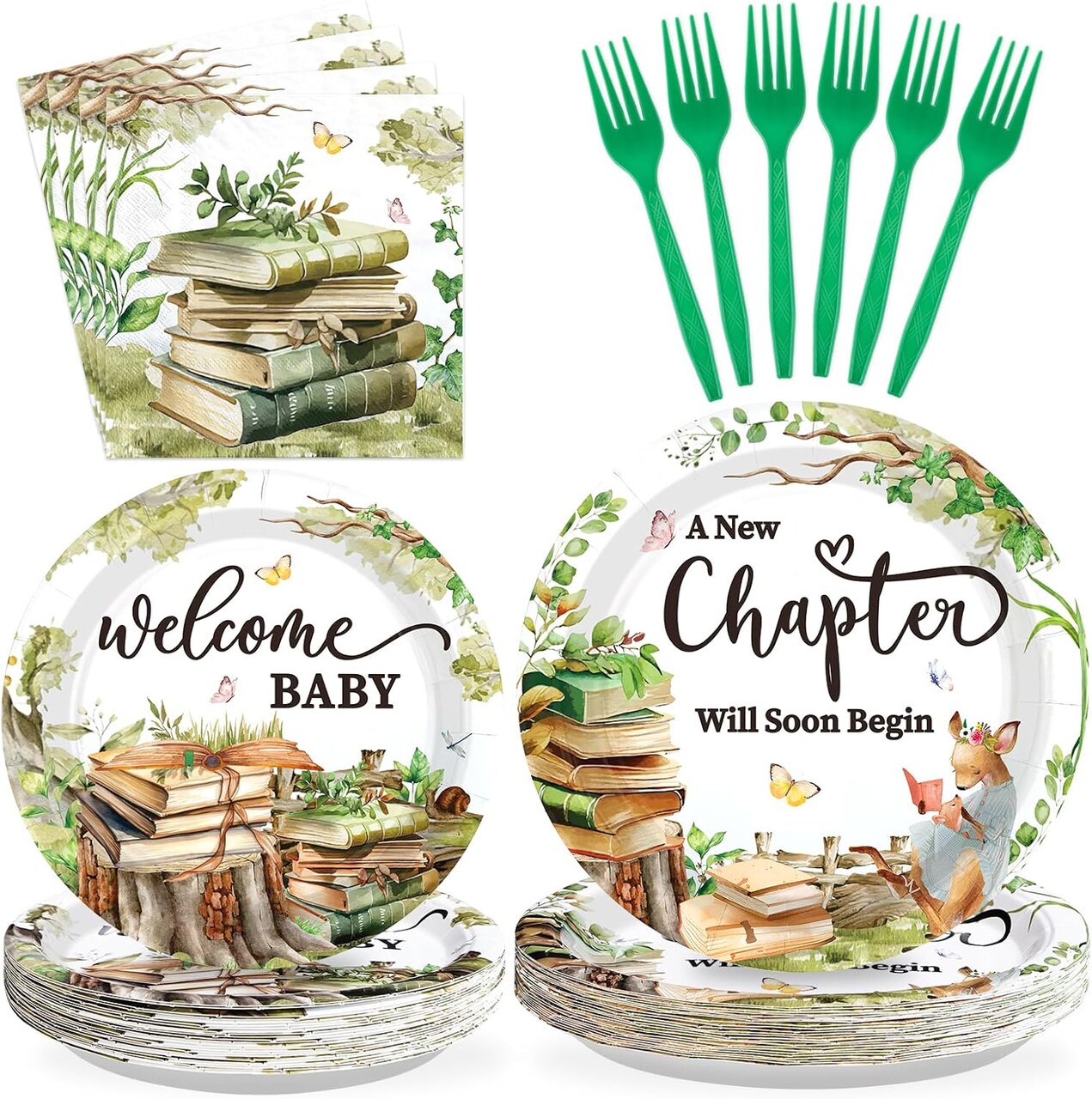 96 Pcs Storybook Baby Shower Decoration Tableware 350 GSM A New Chapter Will Soon Begin Book Plates Napkins Forks Set
